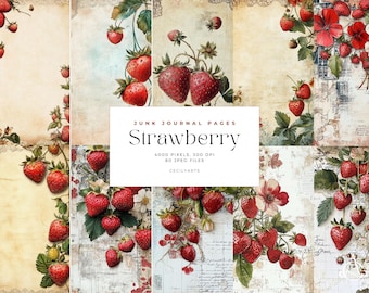 Strawberry Digital Paper Pack: Shabby Chic Junk Journal (PDF)