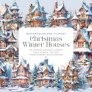 Watercolor Christmas Winter Houses Clipart, Winter House clipart, Commercial use, Digital Download, Christmas Clipart, Commercial License