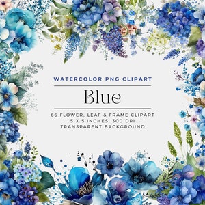 66 blaue Blumen PNG, Aquarell Blumen Clipart Sträuße, Elemente, kommerzielle Nutzung, digitale Clipart PNG