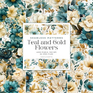 May include: A set of 62 seamless patterns featuring teal and gold flowers. The patterns are perfect for creating digital or printed designs.