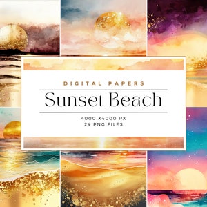 Watercolor Beach Sunsets Background, Watercolor Sunset Background, Commercial Use Sea SunsetCommercial Use, Digital paper