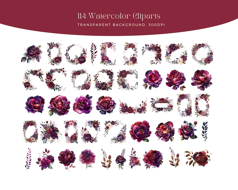 Deep Purple and Rose Red Flowers PNG, Watercolor Floral Clipart ...