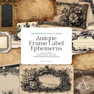 Pode incluir: Uma coleção de etiquetas de molduras antigas e efêmeras com designs florais e ornamentados. A imagem apresenta uma coleção de cliparts PNG em aquarela. O texto na imagem diz "Antique Frame Label Ephemeras".