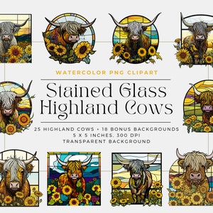 Sunflower Stained Glass Highland Cows PNG, Highland Cows Sunflower Stained Glass Background, Elements, Commercial Use, Digital clipart PNG