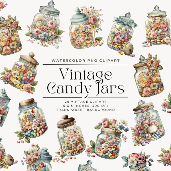 Vintage Watercolor Floral Candy Jar Clipart, Watercolor Pastel Rainbow Candy Jars Clipart, Commercial License, Junk Journal Paper Crafts