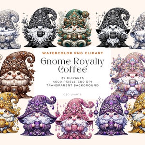 Watercolor Coffee Gnome Collection Clipart, PNG Coffee Clipart, Royalty Gnome Clipart Bundle, Spring Gnome, Commercial Use