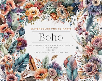 Boho Flowers PNG, Watercolor Floral Clipart Bouquets, Elements, Commercial Use, Digital clipart PNG