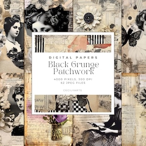 Svarta grunge-lapptäcken skräpjournalsidor: Digitalt collageark (JPG)