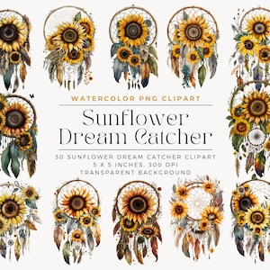 Watercolor Sunflower Dreamcatcher Clipart, Modern Sunflower, Dreamcatcher clipart, Bohemian, Instant Digital Download, commercial license