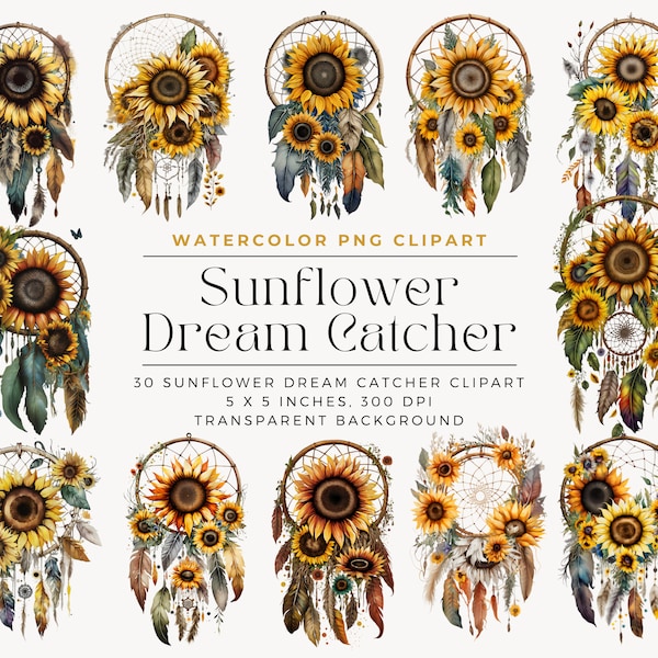 Watercolor Sunflower Dreamcatcher Clipart, Modern Sunflower, Dreamcatcher clipart, Bohemian, Instant Digital Download, commercial license