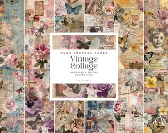 May include: A digital collage of 27 vintage journal pages featuring butterflies, flowers, and text. The collage is 4000 pixels by 4000 pixels and 300 DPI. The text on the collage reads "Junk Journal Pages Vintage Collage 4000 Pixels. 300 DPI 27 JPEG Files Cecilyarts".