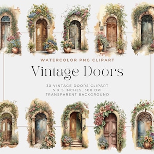 Watercolor Door Clipart, Floral Door with Flowers, Vintage Italian Style, Cottagecore PNG, Commercial Use, Instant Download