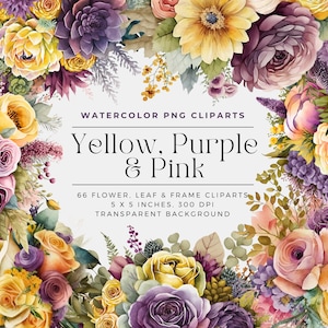 Yellow, Purple and Pink Flowers PNG, Watercolor Floral Clipart Bouquets, Elements, Commercial Use, Digital clipart PNG