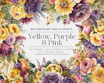 Gele, paarse en roze bloemen PNG, aquarel bloemen clipart boeketten, elementen, commercieel gebruik, digitale clipart PNG
