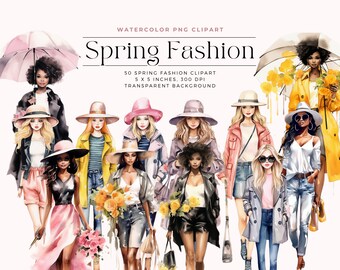 Clipart de moda primavera em aquarela, clipart de moda feminina, clipart de menina negra, clipart de primavera, clipart de mulher negra, licença comercial