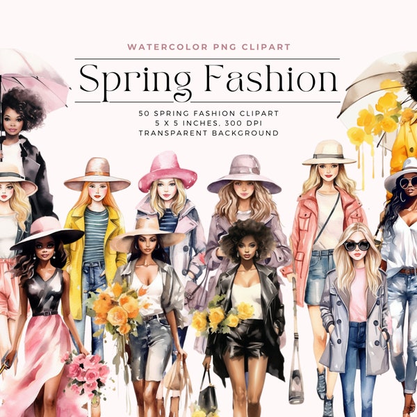 Watercolor Spring Fashion Clipart, Fashion girl clipart, Black girl clipart, Spring clipart, Black woman clipart, Commercial License