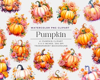 Aquarel herfst pompoen clipart, pompoen clipart, herfstbladeren, aquarel herfst bloemen, val clipart, commerciële licentie
