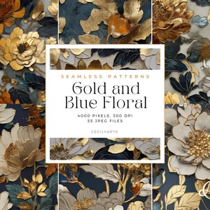 Blue and Gold Flowers Seamless Pattern Digital Paper, Glam Digital Paper, Commercial Use, Seamless Digital paper