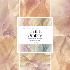 以下が含まれることがあります： ベージュ、ブラウン、ピンクの色合いで、抽象的なアースカラーのグラデーションデザインが施された、49種類のシームレスなデジタルパターンセット。パターンは4000ピクセル、300DPIで、デジタルデザインプロジェクトでの使用に最適です。