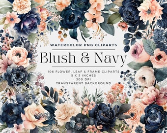 May include: Watercolor floral clipart set featuring blush pink and navy blue flowers, leaves, and frames. The set includes 106 individual elements, each measuring 5 inches by 5 inches, with a 300 DPI resolution. The background is transparent.