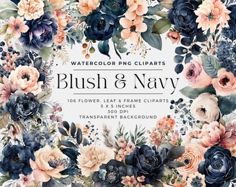 Blush and Navy Flowers PNG, Watercolor Floral Clipart Bouquets, Elements, Commercial Use, Digital clipart PNG