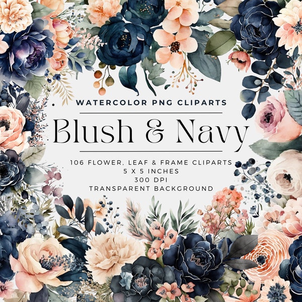 Blush and Navy Flowers PNG, Watercolor Floral Clipart Bouquets, Elements, Commercial Use, Digital clipart PNG