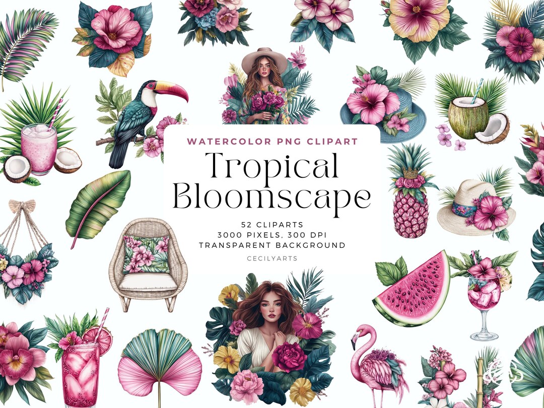 Tropical Clipart Bundle: Watercolor Beach Graphics (PNG Digital ...