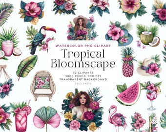 Tropisch Clipart Bundle: Aquarell Strand Grafik (PNG Digital Download, Kommerzielle Nutzung