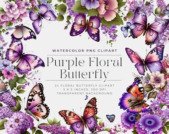 Purple Flower Butterfly PNG, Watercolor Floral Clipart Bouquets, Elements, Commercial Use, Digital clipart PNG