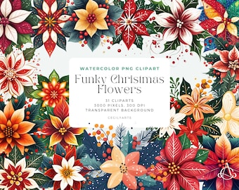 Funky Christmas Flowers Cliparts, Watercolor Floral Clipart Bouquets, Elements, Commercial Use, Digital clipart PNG