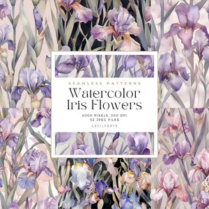 May include: A set of 52 seamless patterns featuring watercolor illustrations of purple and pink iris flowers. The patterns are 4000 pixels, 300 DPI, and are perfect for digital and print projects.