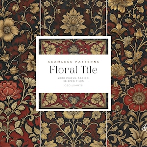 Puede incluir: Un conjunto de 36 patrones de azulejos florales sin costuras en rojo, dorado y negro. Los patrones presentan intrincados diseños florales con una estética vintage. El texto "Floral Tile" se muestra en el centro de la imagen.
