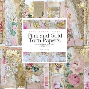 Diario spazzatura con carte strappate rosa e oro, Download digitale JPG, Carta decorativa, Pagine del diario spazzatura, Foglio collage, Uso commerciale