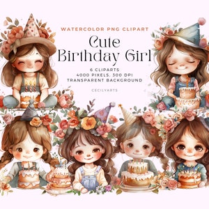 Niedliches Geburtstagskind, Geburtstagsparty Clipart-Set, alles Gute zum Geburtstag PNG, Kuchen präsentiert Luftballons, Baby Girl, Papierhandwerk, Scrapbooking