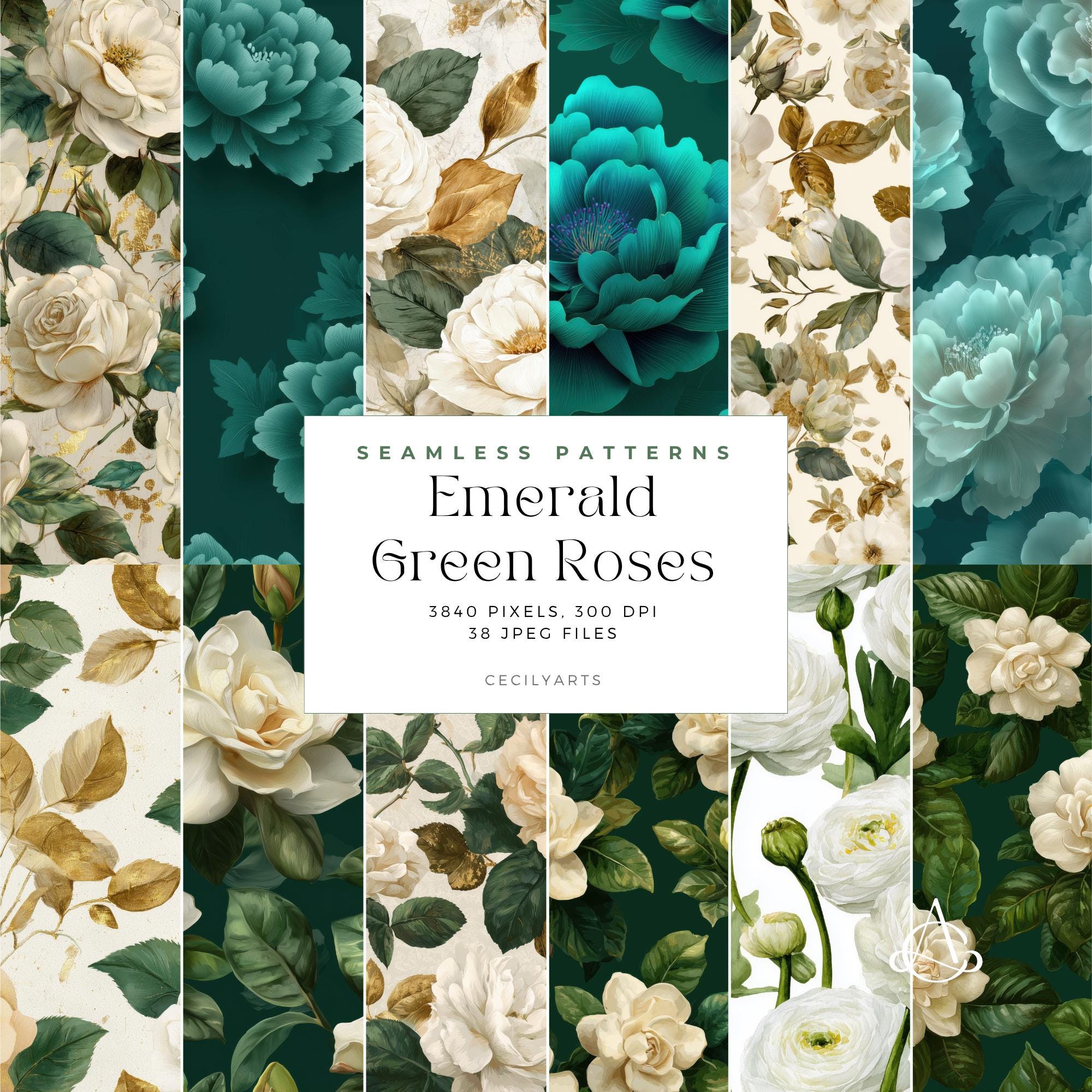 Emerald Green Roses Seamless Pattern: Vintage Floral Digital Paper (300 ...