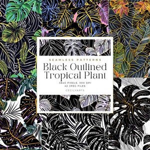 Motivi senza soluzione di continuità con piante tropicali con contorno nero, motivo senza soluzione di continuità, motivo di sfondo senza soluzione di continuità con piante tropicali nere