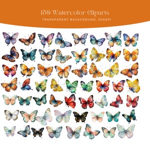 May include: A collection of 150 watercolor butterfly illustrations with transparent backgrounds. The butterflies are in various colors, including blue, green, yellow, orange, red, and purple.
