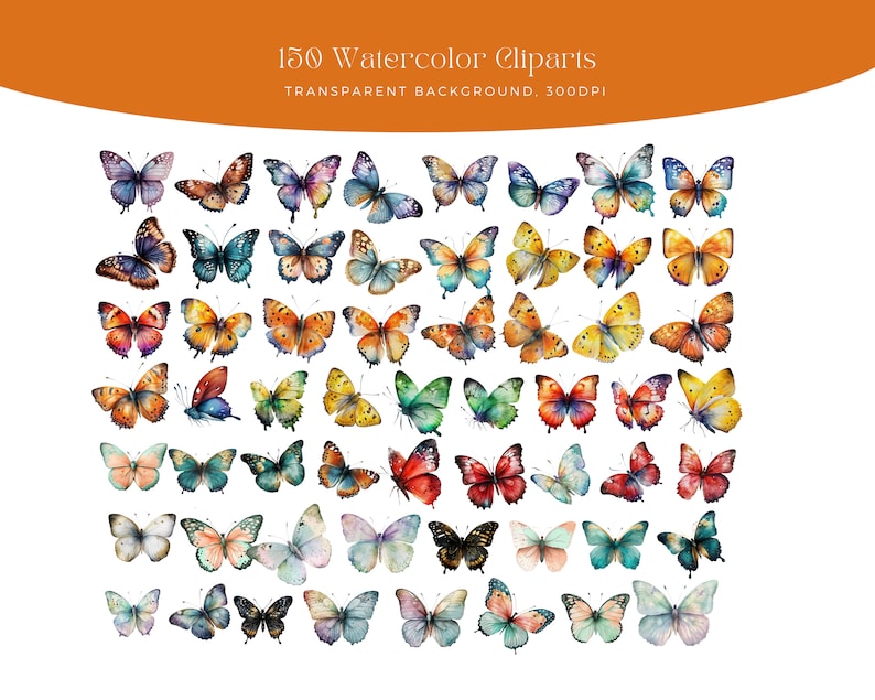 May include: A collection of 150 watercolor butterfly illustrations with transparent backgrounds. The butterflies are in various colors, including blue, green, yellow, orange, red, and purple.