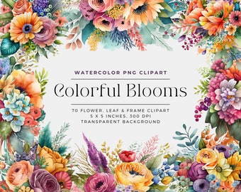 Watercolor Bright Flowers Summer Spring Colorful Floral Wedding, Watercolor Floral Clipart Bouquets, Commercial Use, Digital clipart PNG