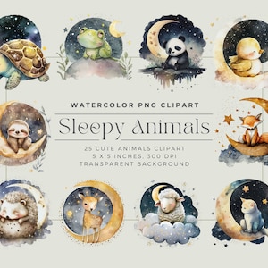 Watercolor sleepy animals clip art, cute sleepy animals watercolor JPG, Sleepy Animal Clipart, cute watercolor animals, commercial use