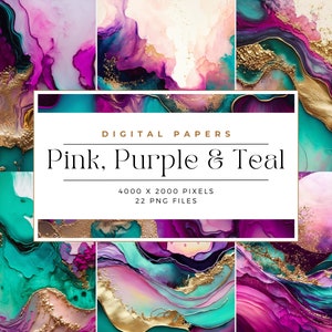 May include: A set of 22 digital papers featuring abstract pink, purple, and teal watercolour designs with gold accents. The papers are 4000 x 2000 pixels and are perfect for creating backgrounds, invitations, and other digital projects.