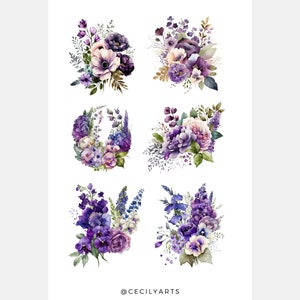 May include: Six watercolor illustrations of purple and white flower bouquets. The bouquets are arranged in a grid pattern on a white background. The bouquets are all different sizes and shapes, but they all feature the same color scheme.