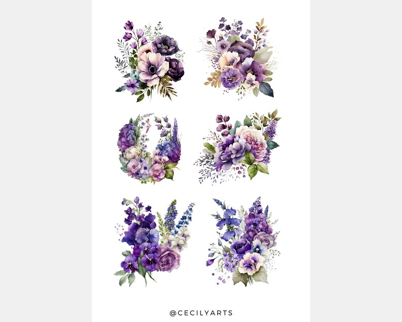 May include: Six watercolor illustrations of purple and white flower bouquets. The bouquets are arranged in a grid pattern on a white background. The bouquets are all different sizes and shapes, but they all feature the same color scheme.