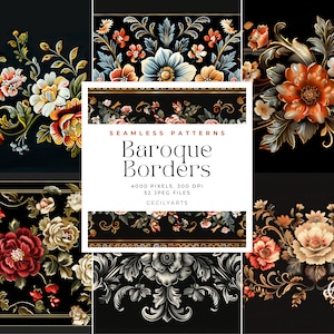 Op de afbeelding: Een set van 52 digitale naadloze patronen met ingewikkelde barokranden met bloemmotieven in tinten rood, oranje, geel, wit en blauw op een zwarte achtergrond. De tekst "Seamless Patterns Baroque Borders 4000 pixels, 300 DPI 52 JPEG files Cecilyarts" wordt in het midden van de afbeelding weergegeven.