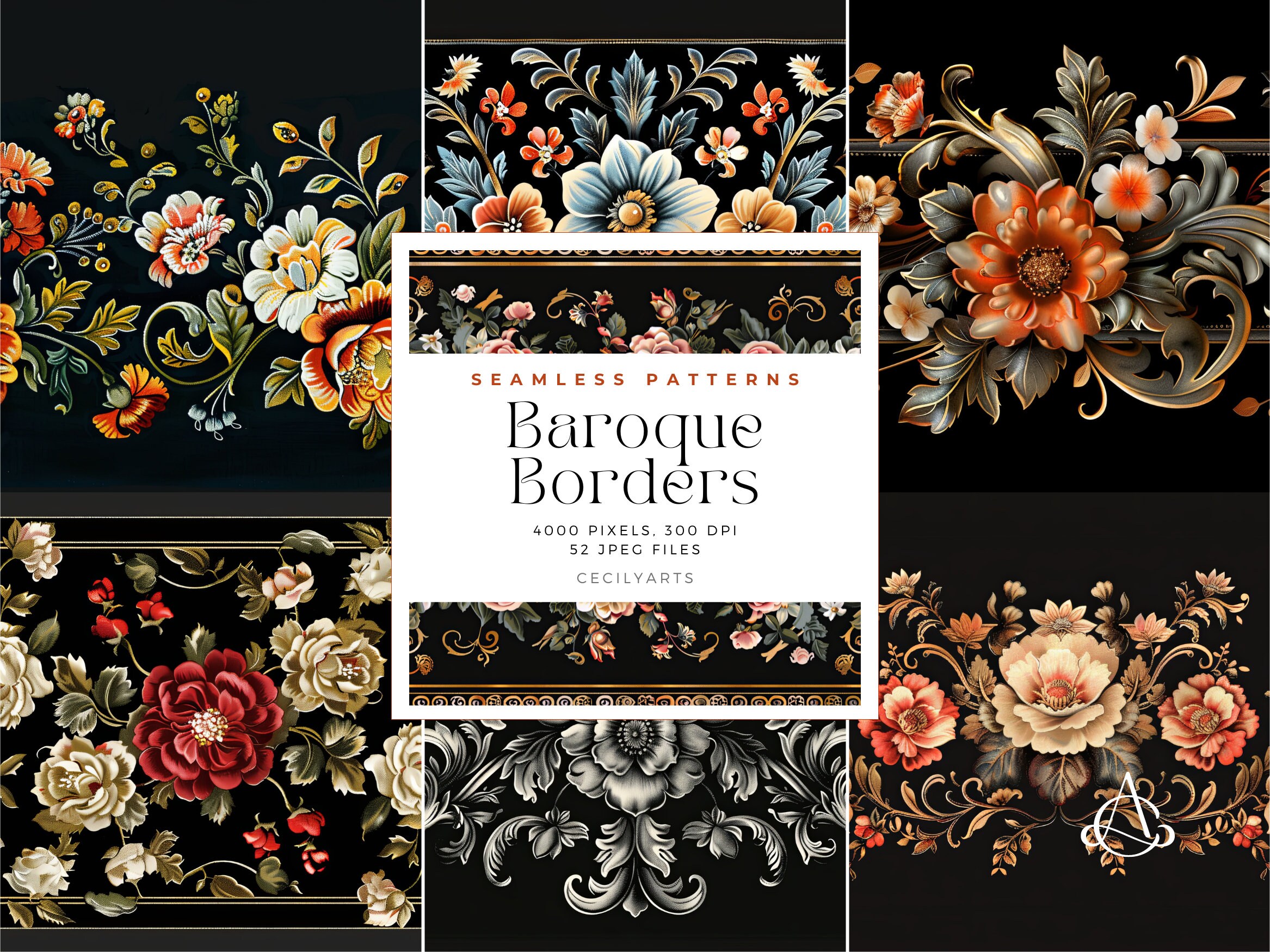 Baroque Borders Seamless Patterns, Commercial Use Digital Download ...