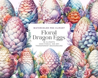Watercolor Pastel Dragon Eggs Cliparts, fantasy dragon eggs with flowers and leaves, Commercial License