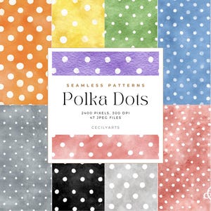 Peut inclure: Plusieurs motifs sans couture à pois aquarelle dans diverses couleurs, notamment rose, orange, jaune, vert, bleu, violet, marron, gris, noir et rouge. L'image comprend le texte "Polka Dots" et des détails sur les fichiers.