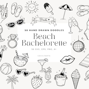 May include: Black and white hand-drawn doodles of beach-themed items, including sunglasses, cocktails, a swimsuit, and a disco ball. Text reads "Beach Bachelorette" and "58 Hand Drawn Doodles".