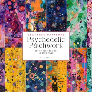 May include: A set of 40 digital seamless patterns featuring psychedelic patchwork designs in vibrant colours, including pink, blue, green, yellow, and orange. The patterns are made up of abstract shapes, dots, and swirls.