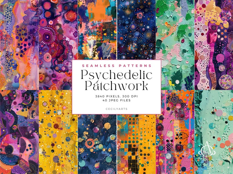 May include: A set of 40 digital seamless patterns featuring psychedelic patchwork designs in vibrant colours, including pink, blue, green, yellow, and orange. The patterns are made up of abstract shapes, dots, and swirls.